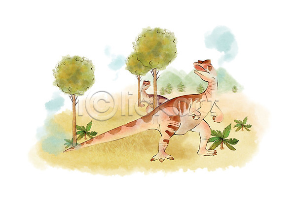 사람없음 PSD 일러스트 공룡 나무 두마리 들풀 붓터치 산 수채화(물감) 연기 초원(자연)