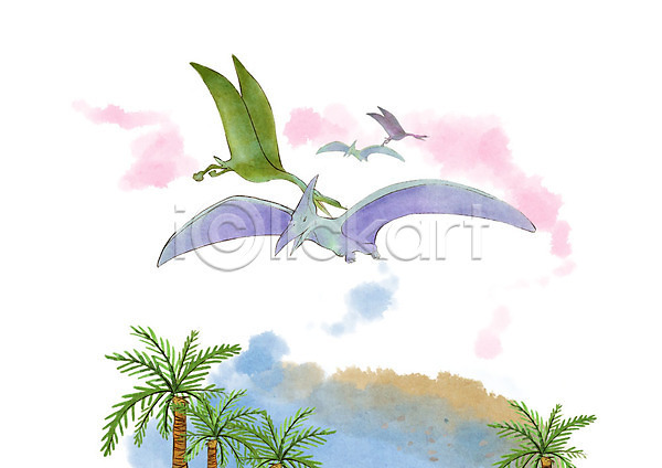 사람없음 PSD 일러스트 공룡 나무 붓터치 비행 수채화(물감) 여러마리 연기 익룡 하늘