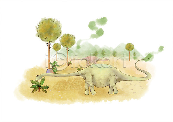 사람없음 PSD 일러스트 공룡 나무 두마리 먹기 붓터치 브라키오사우르스 산 수채화(물감) 잎 화산