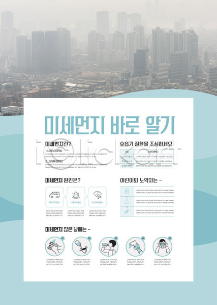 남자 두명 사람 성인 AI(파일형식) 템플릿 도시 마스크 문제 물마시기 미세먼지 빌딩 뿌연 상반신 정보 캠페인 포스터 포스터템플릿 하늘색 환경