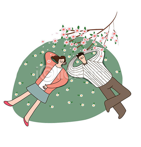 기쁨 사랑 즐거움 행복 두명 사람 성인 여자 AI(파일형식) 일러스트 가족 꽃가지 꽃잎 낙화 눕기 전신 초원(자연) 커플 팔베개