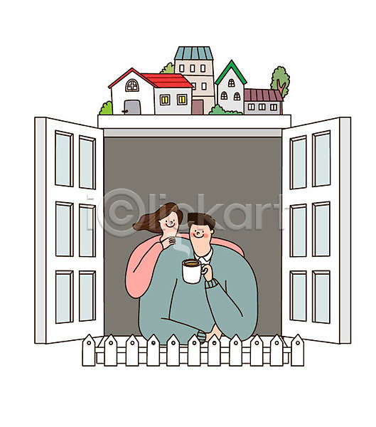 기쁨 복지 사랑 즐거움 행복 희망 남자 두명 사람 성인 여자 AI(파일형식) 일러스트 가족 마시기 머그컵 미소(표정) 백허그 상반신 주택 창가 창문 커플 커피