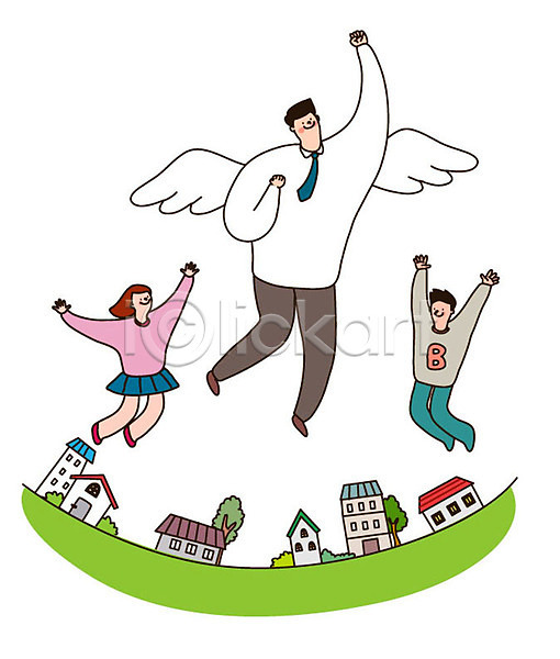 기쁨 복지 즐거움 행복 희망 남자 사람 성인 세명 어린이 여자 AI(파일형식) 일러스트 가족 날개(비행) 마을 미소(표정) 비행 전신 점프 주택 파이팅