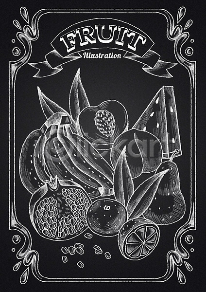 사람없음 PSD 일러스트 초크일러스트 과일 귤 나뭇잎 리본 바나나 배(과일) 복숭아 석류 수박 초크 초크아트 칠판 프레임