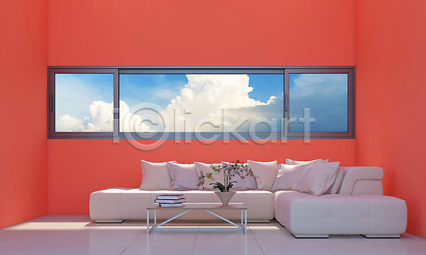 사람없음 PSD 디지털합성 편집이미지 거실 구름(자연) 리빙코랄 백그라운드 소파 유행 응접실 인테리어 창문 책더미 컬러 탁자 하늘 화분
