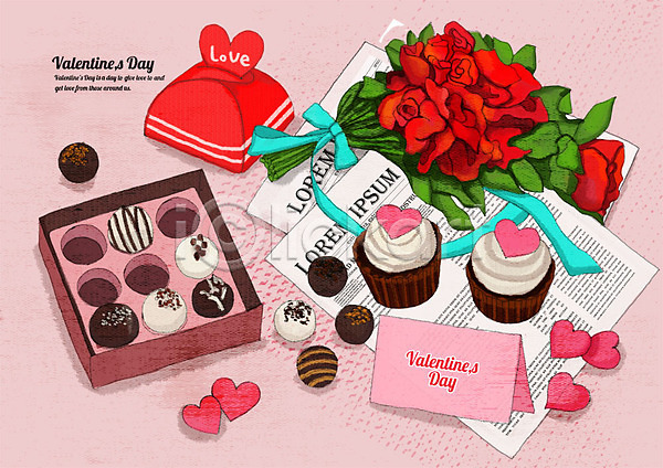 행복 사람없음 PSD 일러스트 갈색 꽃다발 발렌타인데이 분홍색 빨간색 상자 영자신문 이벤트 장미 초콜릿 카드(감사) 컵케이크 케이크