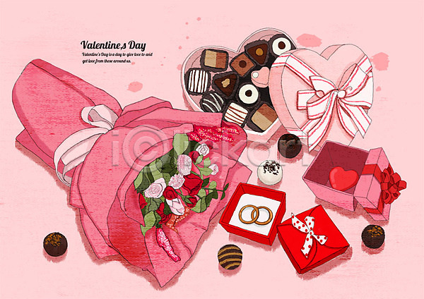 행복 사람없음 PSD 일러스트 갈색 꽃다발 발렌타인데이 분홍색 빨간색 상자 선물 선물상자 이벤트 장미 초콜릿 커플반지 케이크