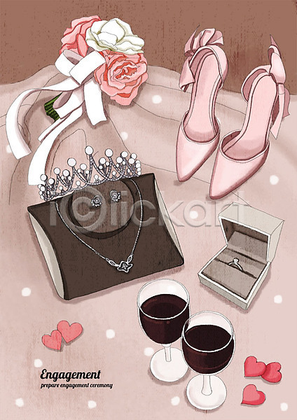 행복 사람없음 PSD 일러스트 결혼 결혼소품 구두 꽃다발 목걸이 부케 분홍색 샴페인 약혼반지 약혼식 이벤트 티아라