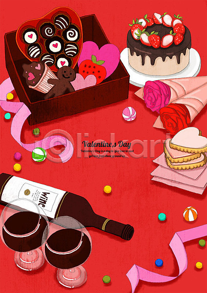 행복 사람없음 PSD 일러스트 과자 리본 발렌타인데이 빨간색 사탕 샴페인 선물 선물상자 와인병 와인잔 이벤트 장미 초콜릿 케이크 쿠키