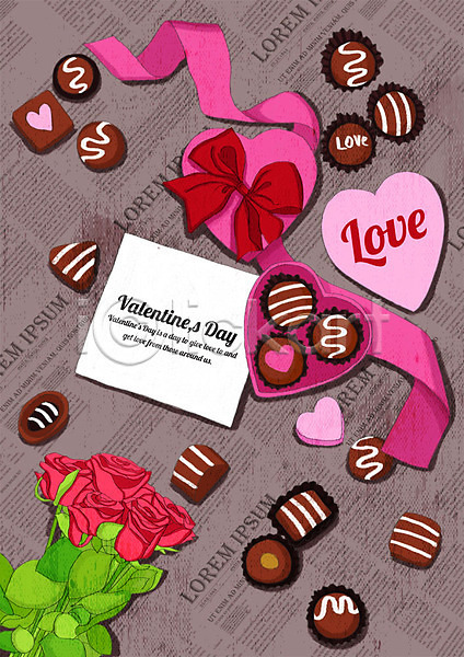행복 사람없음 PSD 일러스트 갈색 리본 발렌타인데이 분홍색 영자신문 이벤트 장미 초콜릿 카드(감사) 하트