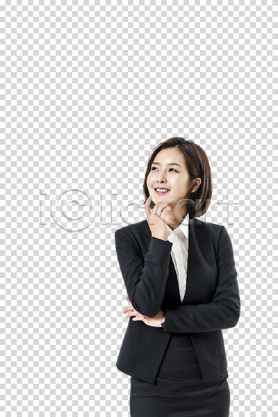 20대 사람 성인 성인여자한명만 여자 한국인 한명 PNG 앞모습 편집이미지 미소(표정) 비즈니스우먼 상반신 응시 정장 턱괴기