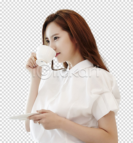 30대 사람 성인 성인여자한명만 여자 한국인 한명 PNG 옆모습 편집이미지 들기 마시기 상반신 응시 찻잔 커피잔