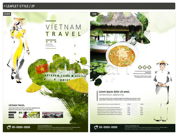 남자 두명 사람 성인 성인만 여자 INDD ZIP 인디자인 전단템플릿 템플릿 동남아시아 동남아음식 리플렛 베트남 베트남국기 베트남인 쌀국수 여행 전단 전신 전통모자 전통의상 초록색 포스터 해외여행 휴가