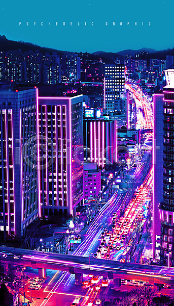 화려 사람없음 PSD 편집이미지 가로등 가로수 건물 고가도로 네온 도로 도시 모던 빌딩 빛 야경 자동차 컬러풀