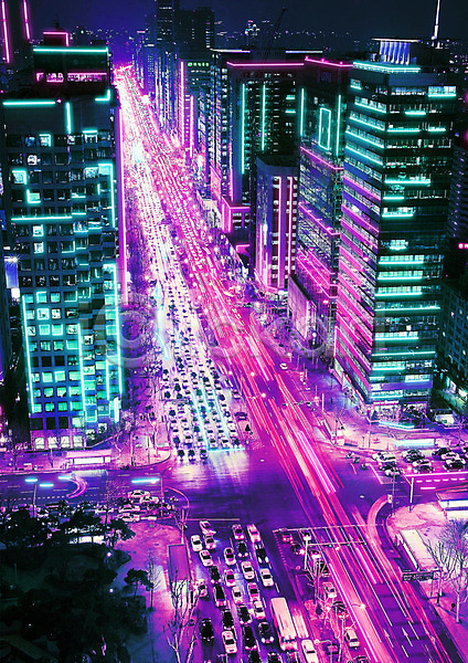 화려 사람없음 PSD 편집이미지 가로등 가로수 네온 도로 도시 도시풍경 모던 빌딩 빛 야경 자동차 컬러풀