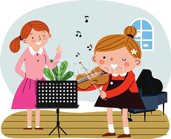즐거움 두명 사람 성인 어린이 여자 AI(파일형식) 일러스트 건반 교사 레슨 바이올린 방과후 보면대 수업 악기 음악 음표 전신 피아노(악기) 학생