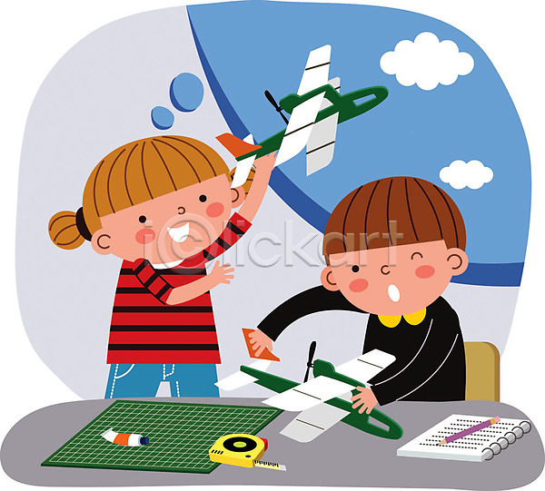 고민 즐거움 남자 두명 사람 어린이 여자 AI(파일형식) 일러스트 공예 구름(자연) 만들기 비행기 상반신 수업 연필 접착제 조립 줄자 책상