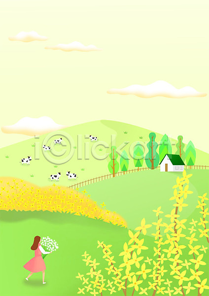여유 행복 사람 성인 성인여자한명만 여자 한명 PSD 일러스트 개나리 꽃다발 노란색 들기 목장 봄 봄풍경 시골 언덕 전신 젖소 주택 초록색 초원(자연) 힐링