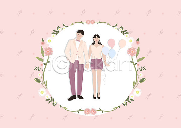 로맨틱 사랑 남자 두명 사람 성인 여자 PSD 일러스트 귀걸이 기념일 꽃프레임 나뭇잎 나비넥타이 분홍색 전신 정장 커플 풍선