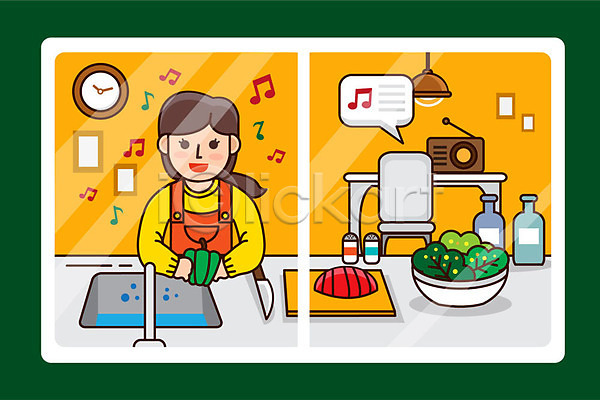 사람 성인 성인여자한명만 여자 한명 AI(파일형식) 일러스트 노래 라디오 상반신 식재료 요리 일과 자취 주방 직장인 집밥 초록색 혼족