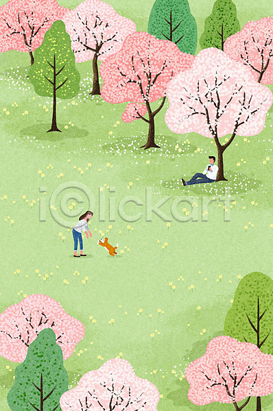 감성 남자 두명 사람 성인 성인만 여자 PSD 일러스트 강아지 공원 나무 놀기 반려 백그라운드 벚나무 봄 봄배경 봄풍경 앉기 자연 잔디 전신 커플 한마리