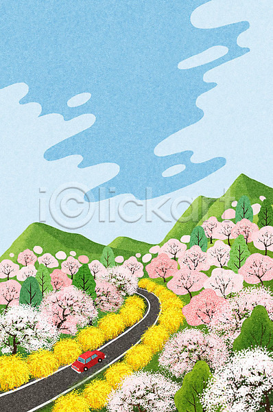 감성 사람없음 PSD 일러스트 개나리 나무 노란색 도로 백그라운드 벚꽃 벚나무 봄 봄배경 봄풍경 분홍색 산 자동차 자연 초록색 풍경(경치)