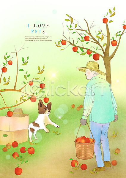 남자 노년 노인남자한명만 사람 한명 PSD 일러스트 강아지 과수원 농부 미소(표정) 밀짚모자 바구니 반려 반려견 반려동물 사과 사과나무 사과상자 수확 전신 한마리
