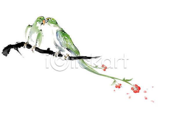 사람없음 PSD 일러스트 꽃 나뭇가지 두마리 번짐 붓터치 빨간색 수채화(물감) 앵무새 조류 초록색 캘리그라피