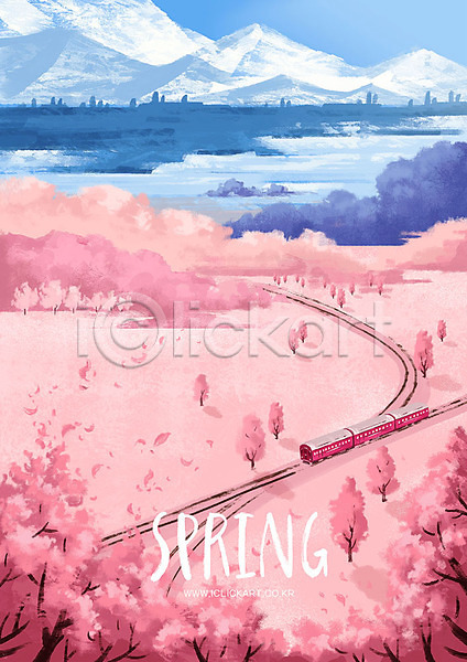 사람없음 PSD 일러스트 계절 구름(자연) 기차 꽃 나무 백그라운드 벚꽃 봄 봄배경 분홍색 산 여행 지평선 파란색 하늘 호수