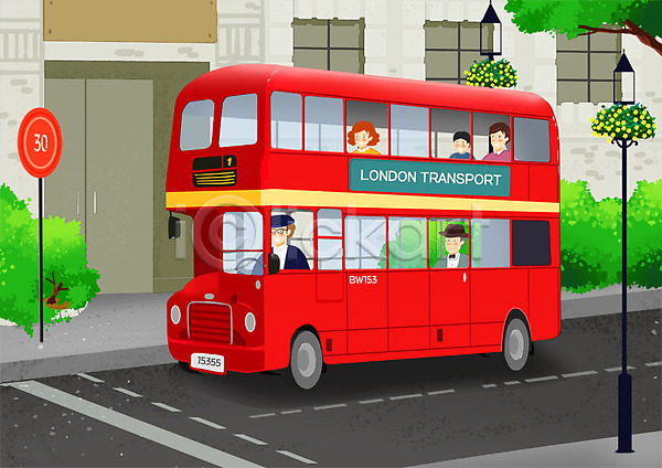 남자 사람 성인 어린이 여러명 여자 PSD 일러스트 가로등 도로 도시풍경 런던 빨간색 상반신 세계여행 여행 영국 이층버스 주택