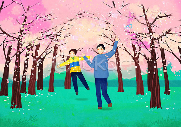 즐거움 추억(회상) 행복 남자 두명 사람 성인 어린이 PSD 일러스트 벚꽃 봄 세계여행 숲 여행 잔디 전신 점프
