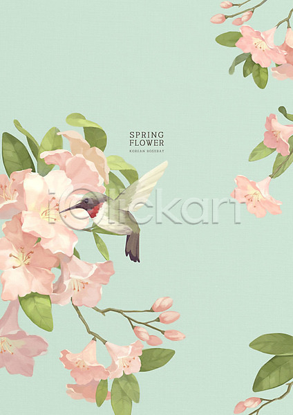 따뜻함 사람없음 PSD 일러스트 계절백그라운드 꽃 백그라운드 벌새 봄 봄배경 연두색 진달래 카피스페이스 파스텔톤 한마리