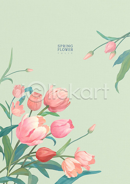 따뜻함 사람없음 PSD 일러스트 계절백그라운드 꽃 백그라운드 봄 봄배경 분홍색 초록색 카피스페이스 튤립 파스텔톤