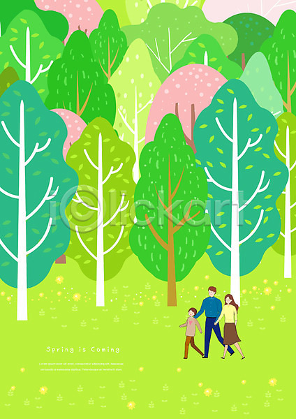 산책 남자 사람 성인 세명 어린이 여자 PSD 일러스트 가족 걷기 나무 봄 봄풍경 숲 연두색 전신 초록색