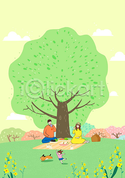 남자 사람 성인 세명 어린이 여자 PSD 일러스트 가족 나무 봄 봄꽃 봄소풍 봄풍경 소풍 전신 초록색 초원(자연)
