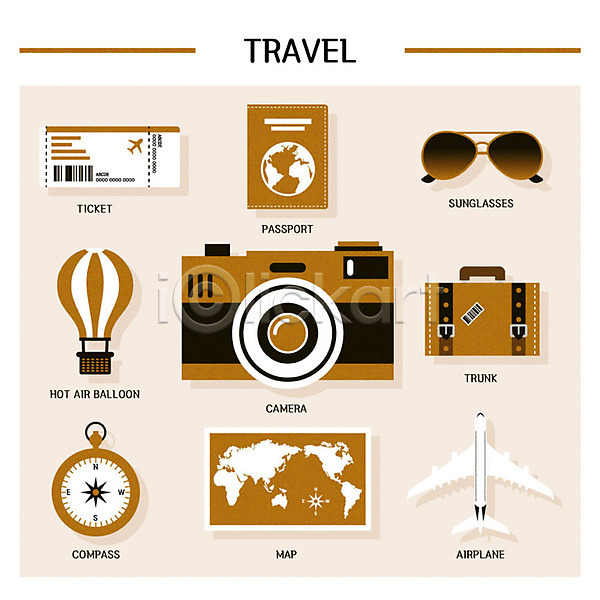 사람없음 AI(파일형식) 아이콘 일러스트 갈색 나침반 비행기 선글라스 세계지도 여권 여행 여행가방 열기구 지도 카메라 티켓
