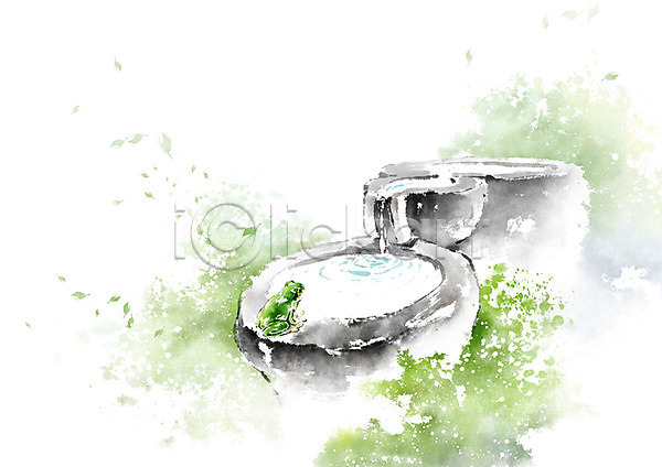 사람없음 PSD 일러스트 개구리 경칩 번짐 봄 붓터치 샘물 숲 옹달샘 자연 초록색 캘리그라피 풍경(경치) 한마리