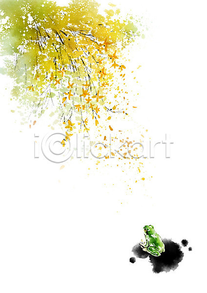 사람없음 PSD 일러스트 개구리 개나리 경칩 번짐 봄 붓터치 자연 초록색 캘리그라피 풍경(경치) 한마리