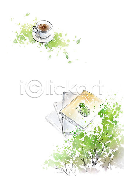 사람없음 PSD 일러스트 개구리 경칩 번짐 봄 붓터치 숲 자연 책 초록색 캘리그라피 커피 커피잔 풍경(경치) 한마리
