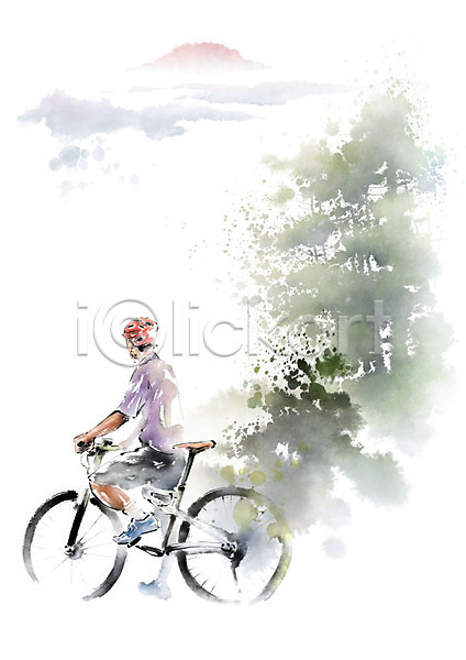 남자 사람 성인 성인남자한명만 한명 PSD 일러스트 나무 라이딩 번짐 붓터치 응시 일출 자전거 전신 캘리그라피 헬멧