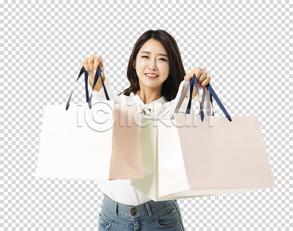 30대 사람 성인여자한명만 여자 한국인 한명 PNG 앞모습 편집이미지 들기 미소(표정) 상반신 서기 손내밀기 쇼핑 쇼핑백 여러개 응시 캐주얼 편집소스