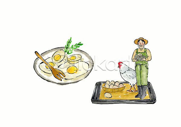 스마트 남자 사람 성인 성인남자한명만 한명 PSD 일러스트 계란 계란프라이 닭 배송 붓터치 삶은계란 생산지 수채화(물감) 스마트폰 음식배달 잎 전신 접시 직거래 포크 한마리