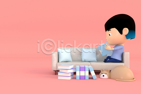 소녀(어린이) 소녀한명만 어린이 여자 한명 3D JPG 포토 해외이미지 3D캐릭터 고양이 독서 들기 반려묘 소파 앉기 전신 책 코랄 쿠션 한마리