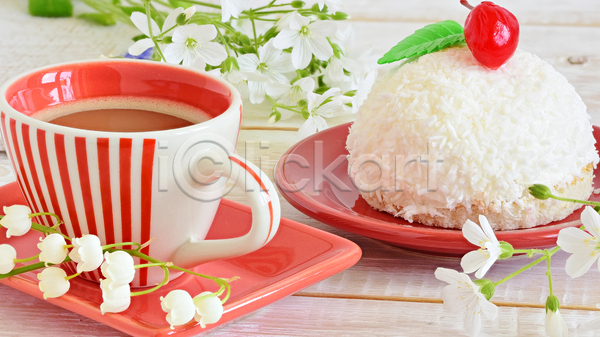 달콤 티타임 사람없음 JPG 포토 해외이미지 꽃 열매 커피 커피잔 케이크 코코넛
