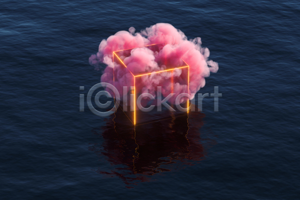 분위기 사람없음 3D JPG 디지털합성 해외이미지 구름(자연) 몽환 바다 반사 선 입체도형 정사각형 추상 큐브