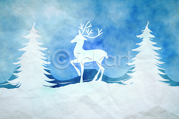 사람없음 JPG 실루엣 일러스트 포토 해외이미지 겨울 나무 디자인 백그라운드 사슴 수채화(물감) 크리스마스 파란색