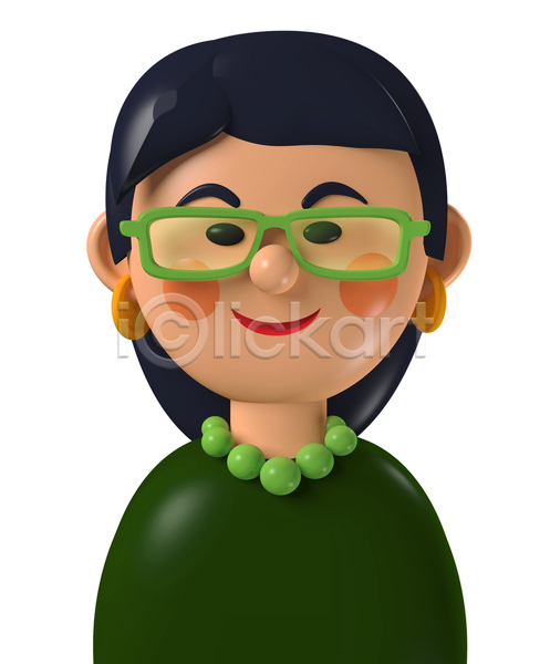 성인 성인여자한명만 여자 한명 3D JPG 포토 해외이미지 귀걸이 디자인 목걸이 미소(표정) 상반신 아바타 안경 안경낌 초록색 캐릭터 코믹
