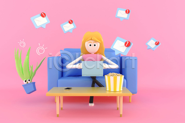 성인 성인여자한명만 여자 한명 3D JPG 포토 해외이미지 1 3D캐릭터 노트북 말풍선 문자메시지 분홍색 비즈니스우먼 소파 스마트폰 식물캐릭터 앉기 알림 응시 이메일 전신 탁자 팝콘 화분
