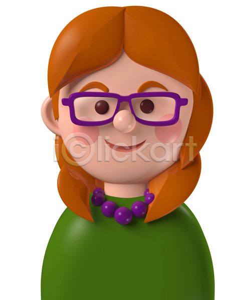 백인 사람 성인 성인여자한명만 여자 한명 3D JPG 포토 해외이미지 디자인 목걸이 미소(표정) 상반신 아바타 안경낌 초록색 캐릭터 코믹