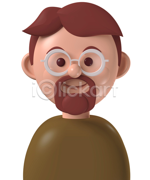 남자 백인 사람 중년 중년남자한명만 한명 3D JPG 포토 해외이미지 갈색 디자인 미소(표정) 상반신 수염 심플 아바타 안경 안경낌 캐릭터 코믹